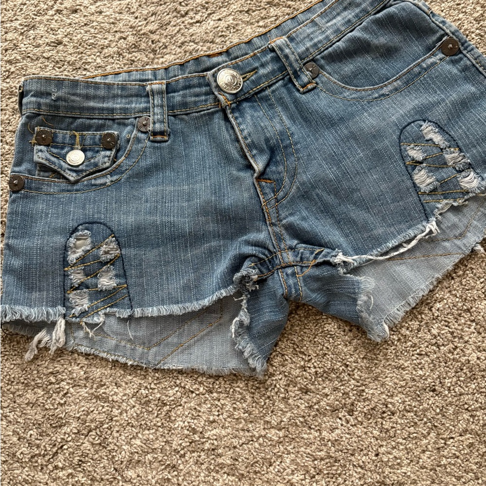 True Religion Blue Distressed Jean Shorts